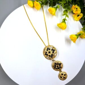 Black Crystal And Gold Plated Vintage Y Medallion Necklace on Box Chain